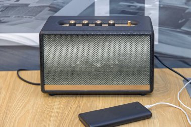 Retro Style Bluetooth Wireless Speaker at Wood Desk