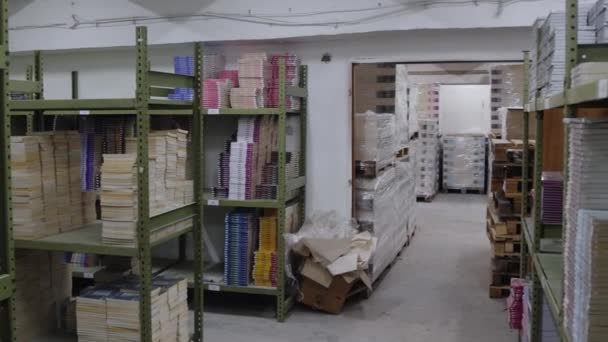 Magazines Books Print Media Warehouse Storage Room Panorama — Stockvideo
