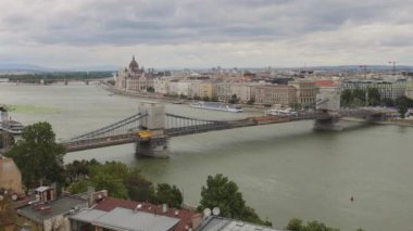 Budapest, Hungary - July 31, 2022: Construction Site  Chain Bridge Over River Danube Summer Day zoom in.
