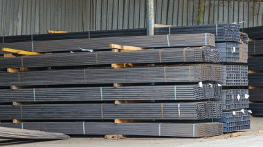 Long Steel Square Profile Pipes at Shelf Construction Material Storage