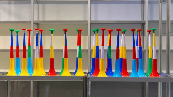 New Long Plastic Vuvuzela Horn Sale Rack — Stock Photo, Image