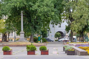 Szeged, Hungary - July 30, 2022: Landmark Pillar Sculpture at Aradi Memorial Park Szeged Hungary