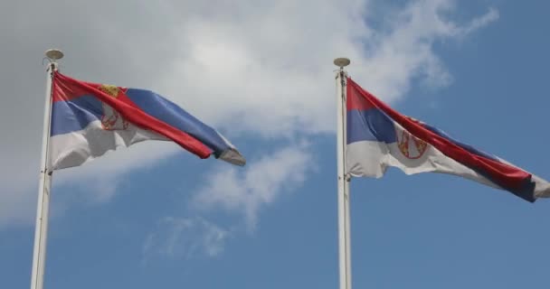 Two Flags Serbia Country Windy Day Blue Sky — Vídeos de Stock