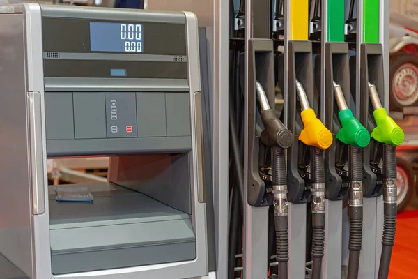 Petrol Dispenser Pump Modern Filling Machine Nozzles Fueling Station — Stock Photo, Image
