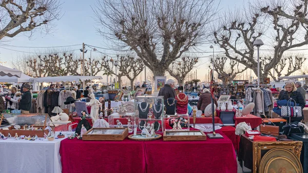 Cannes France January 2018 Antiques Jewelry Street Market Cold Winter — Stock Photo, Image