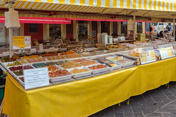 Nice Frankrijk Januari 2018 Traditioneel Gekonfijte Vruchten Snoep Saleya Market — Stockfoto