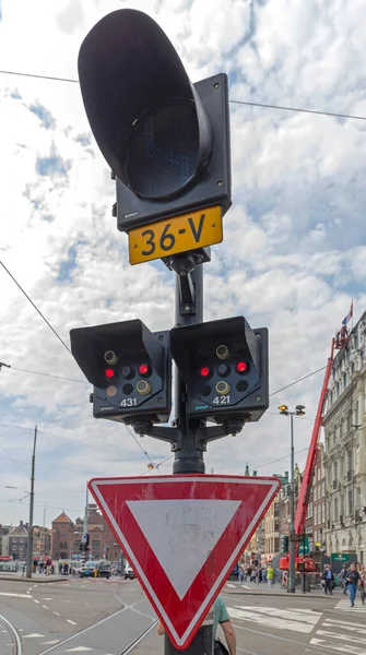 Amsterdam Netherlands May 2018 Traffic Light Sign Pole Trams Public — Stock Photo, Image