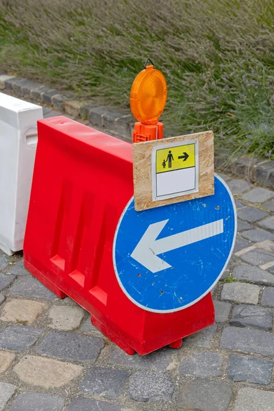 Pedestrian Way Arrow Sign Barrier Amber Beacon Warning Light Construction — Stock Photo, Image