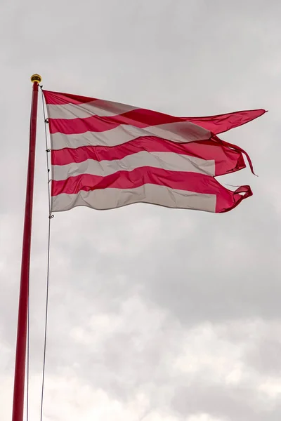 Medieval Style Horizontal Red White Stripes Flag Cloudy Sky — Stockfoto