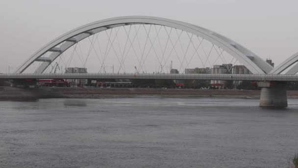 ノヴィ セルビア 2022年8月19日 ノヴィ サドセルビア夏の日にドナウ川にかかる二重アーチ橋Zezelj — ストック動画