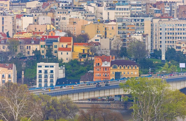 Luchtfoto Van Branko Bridge Sava River Old Belgrado Spring — Stockfoto