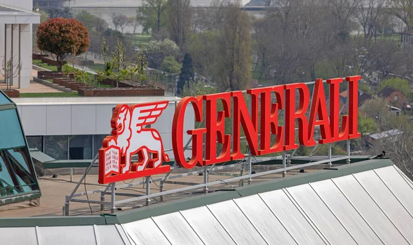 Belgrade Serbia April 2023 Large Red Sign Generali Italian Insurance — Stock Photo, Image