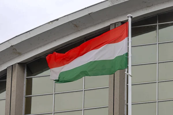建物ホール前のハンガリー国旗 — ストック写真