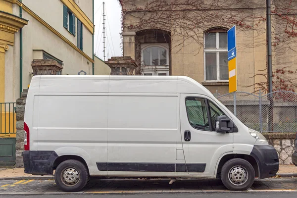 Biały Panel Van Dostawy Towarów City Street Parking — Zdjęcie stockowe