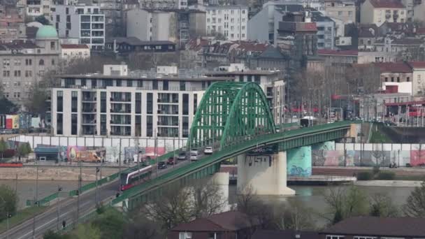 Belgrad Serbien April 2023 Flygfoto Över Old Green Arch Bridge — Stockvideo