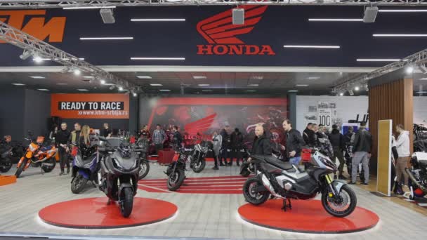Belgrad Serbien März 2023 Japan Stellt Motorräder Auf Der Internationalen — Stockvideo
