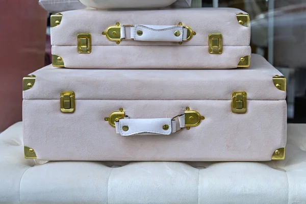 Két Plüss Bőrönd Arany Részletek Luxuryy Style Poggyászkészlet — Stock Fotó