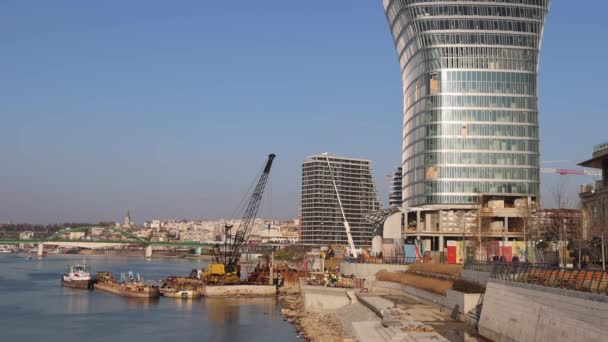 Belgrade Serbia November 2021 Tower Kula Skyscraper Belgrade Waterfront Construction — Stock Video
