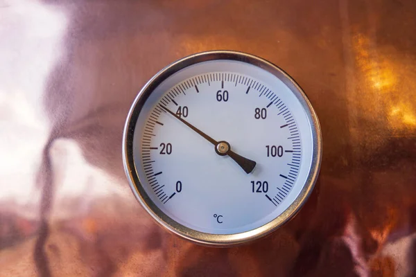 Analog Scale Temperature Gauge Copper Still Distillery Equipment — Stock Photo, Image
