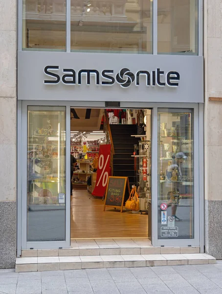 stock image Budapest, Hungary - July 31, 2022: Samsonite Luggage Shop Travel Accessories at Vaci Street in Capital City.