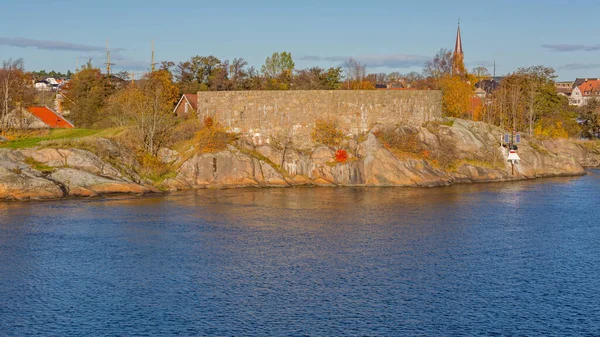Ściana Fortu Isegran Fredrikstad Norwegia Rzece Glomma Słoneczny Jesienny Dzień — Zdjęcie stockowe