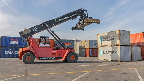 Dobanovci Srbsko Března 2017 Reach Stacker Lifting Shipping Container Cargo — Stock fotografie