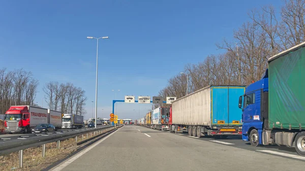Batrovci Serbia Lutego 2017 Długie Linie Utkniętych Ciężarówek Europejskim Przejściu — Zdjęcie stockowe