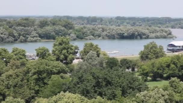 Insel Des Ersten Weltkriegs Zwischen Und Donau Zusammenfluss Belgrad Sommerpanorama — Stockvideo