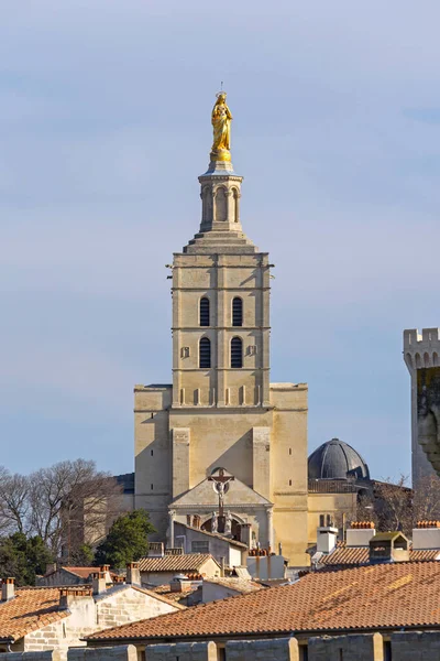 アヴィニョン2016年1月30日 鐘楼上の聖母マリア像ローマカトリック大聖堂歴史的建造物冬の日 — ストック写真