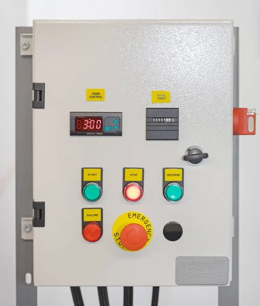 Πίνακας Ελέγχου Μηχανών Χρονόμετρο Έναρξη Κουμπί Έκτακτης Ανάγκης Stop Ηλεκτρικό — Φωτογραφία Αρχείου