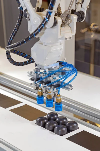 Automated Robotic Arm Vacuum Suction Picking Parts Conveyor Belt — Stock Photo, Image
