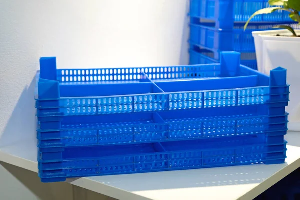 Caixas Bandeja Plástico Azul Para Frutas Farm Products Agrilulture Equipment — Fotografia de Stock