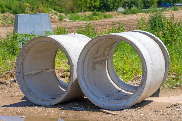 Reinforced Concrete Pipes Underground Sewer Installation Construction Site — Stock Photo, Image