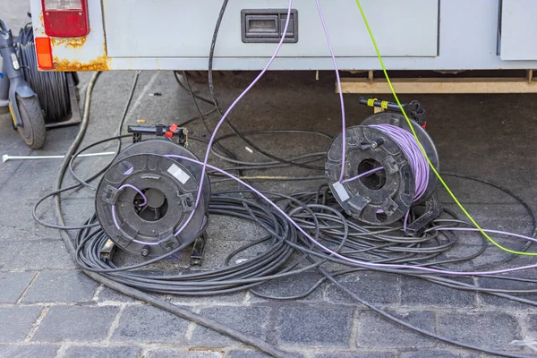 Elektrisk Kabel Drum Roller Enhet Power Equipment Gatan — Stockfoto