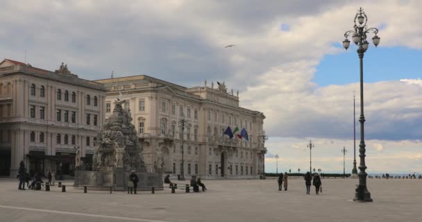 Trieste Italy March 2020 People Four Continents Fountain Historic Landmark — Stock Video