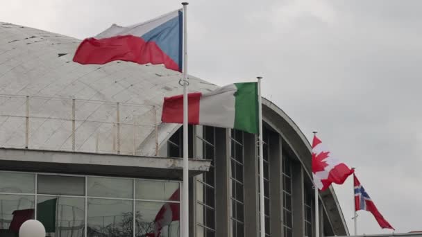 Tschechische Republik Italien Kanada Und Norwegen Weltflaggen Vor Der Halle — Stockvideo