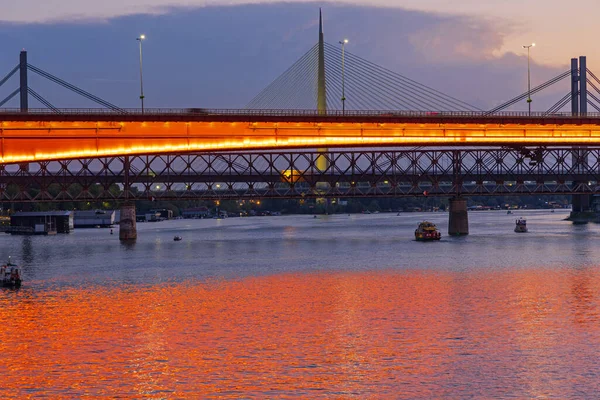 Orange Lights Gazela Bridge River Sava Belgrade City Dusk — Stock Photo, Image