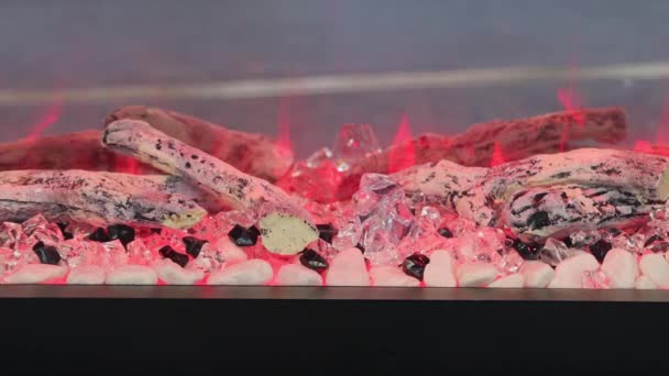 Roze Elektrische Open Haard Met Kiezelstenen Kristallen Diamanten Vlam Effect — Stockvideo
