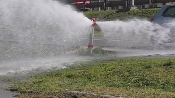 Σπασμένο Πυροσβεστικό Υδραγωγείο Ψεκάζοντας Νερό Υψηλής Πίεσης Πλημμύρες Πάρκου Και — Αρχείο Βίντεο