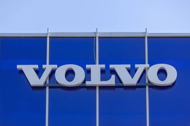 Belgrade, Serbia - July 03, 2023: Big Sign Volvo at Car Dealership Blue Building Exterior in Zemun. clipart