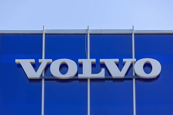 Belgrade, Serbia - July 03, 2023: Big Sign Volvo at Car Dealership Blue Building Exterior in Zemun.