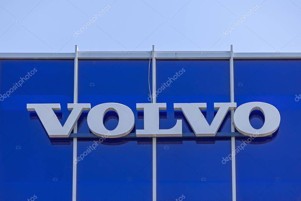 Belgrade, Serbia - July 03, 2023: Big Sign Volvo at Car Dealership Blue Building Exterior in Zemun.