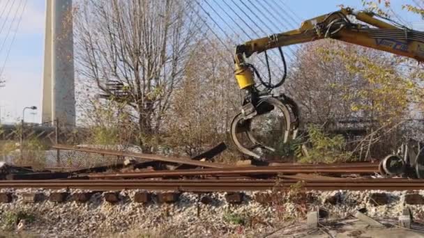 Belgrad Sırbistan Kasım 2021 Tırmık Kazıcı Makinesiyle Eski Demiryolu Bağlarını — Stok video