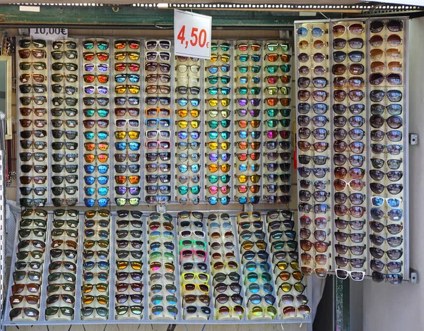 Many Modern Sunglasses Display Shop Kiosk Summer Fashion Accessory — Stock Photo, Image