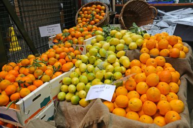Londra 'daki Çiftçi Pazarı' nda Büyük Citrus Meyveleri Yığını