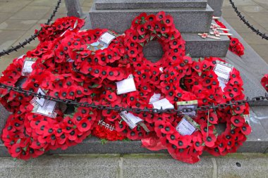 Londra, Birleşik Krallık - 25 Ocak 2013: Kırmızı Plastik Poppy Çiçekleri Başkentteki Anma Çelenkleri.