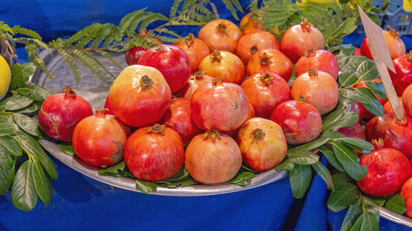 Fresh Large Pomegranate Fruits at Farmers Market Stall in Turkey