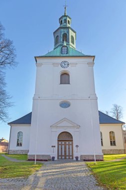 Fredrikstad, Norveç - 28 Ekim 2016: Gamlebyen 'deki Doğu Fredrikstad Kilise Kulesi.