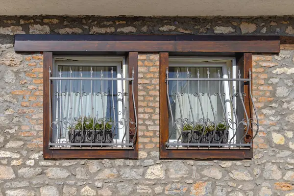 Demir parmaklıkları ve saksısı olan iki pencere.