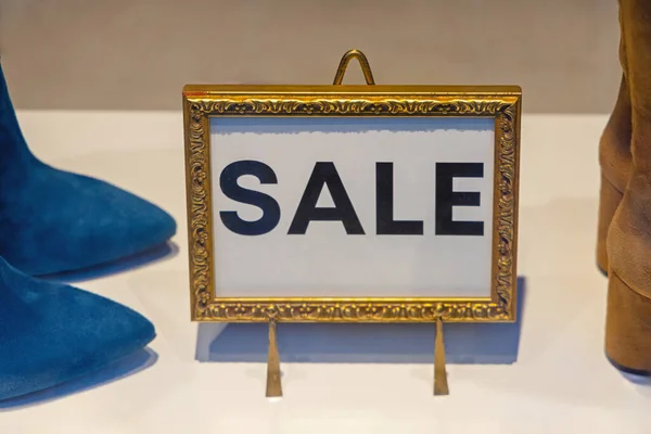 Sign Sale Golden Frame Easel Retail Shop Window — Stock Photo, Image